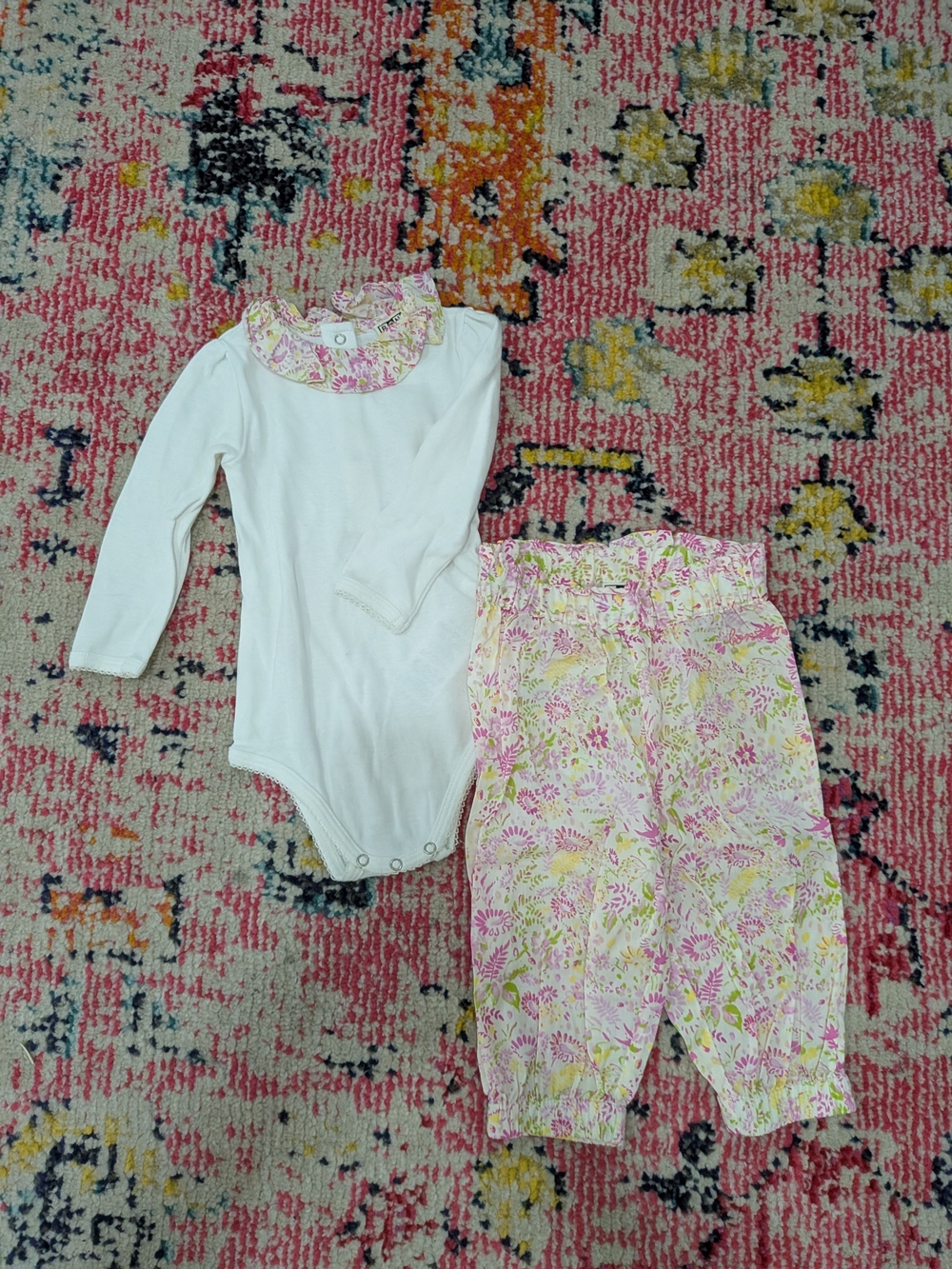 Bon Ton Baby Girls White Bodysuit & Floral Pink Pant Set